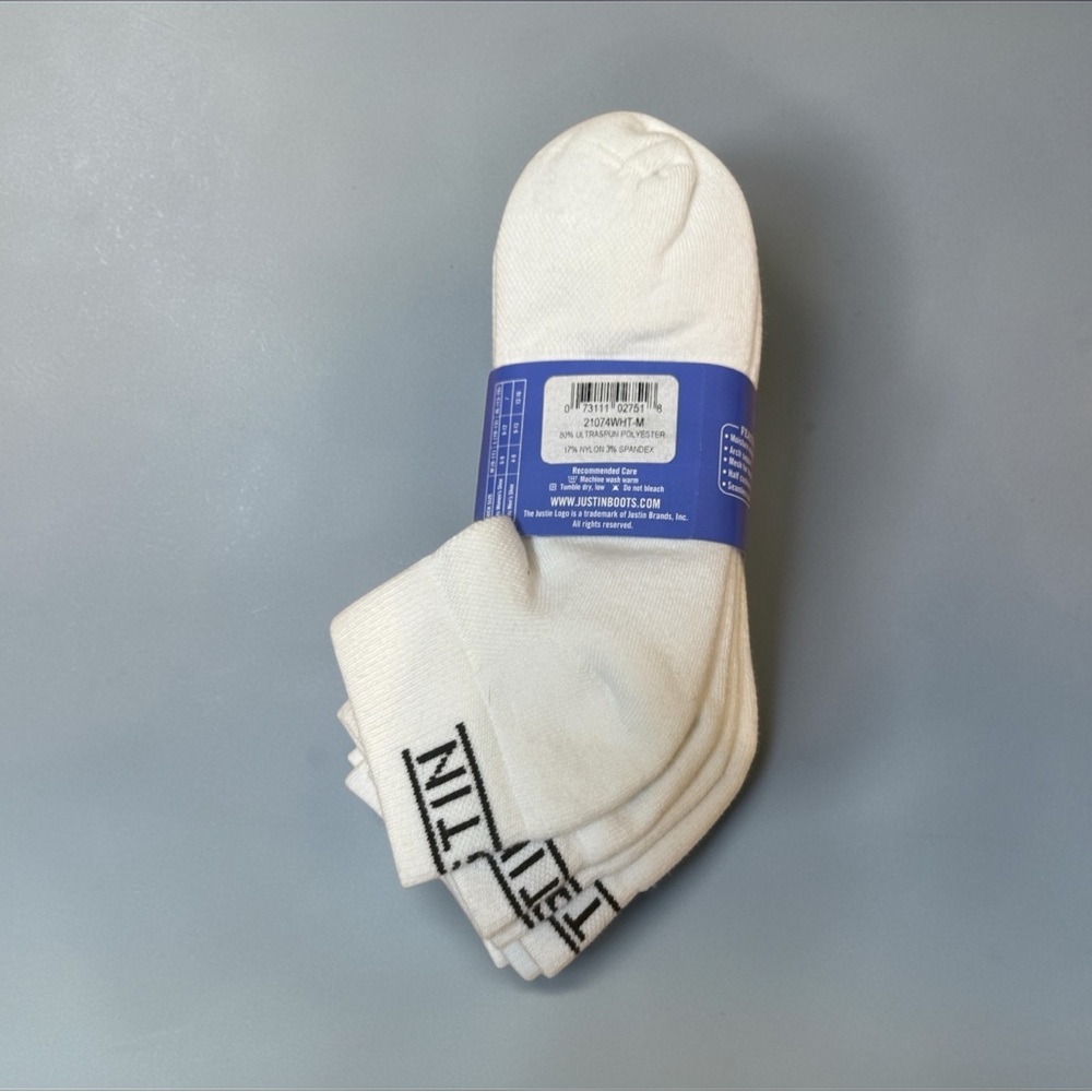 Justin Boots Men's White Low Cut Athletic Socks - 3 Pack medium for sizes 4-9 - Picture 2 of 2